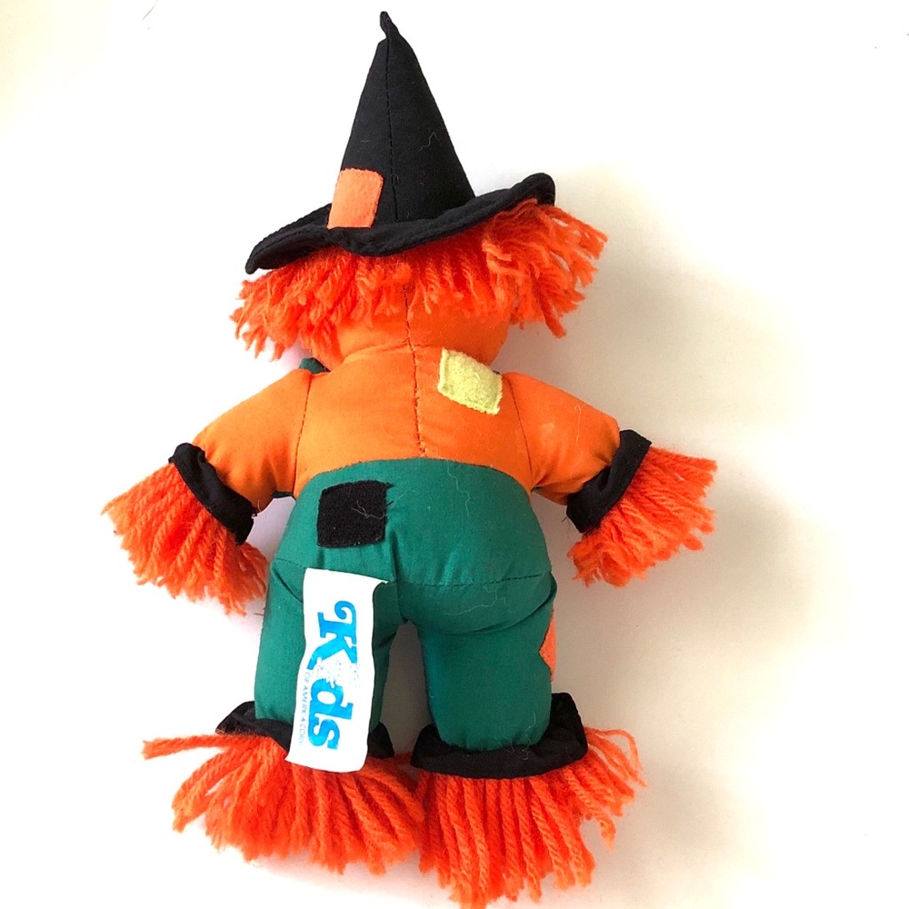 Kids Orange Halloween Pumpkin Scarecrow Plush Toy with Green Outfit - Picture 2 of 5